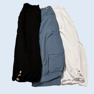 Three-Pack of Elastic Hem Pants in Black, Steel Blue & White